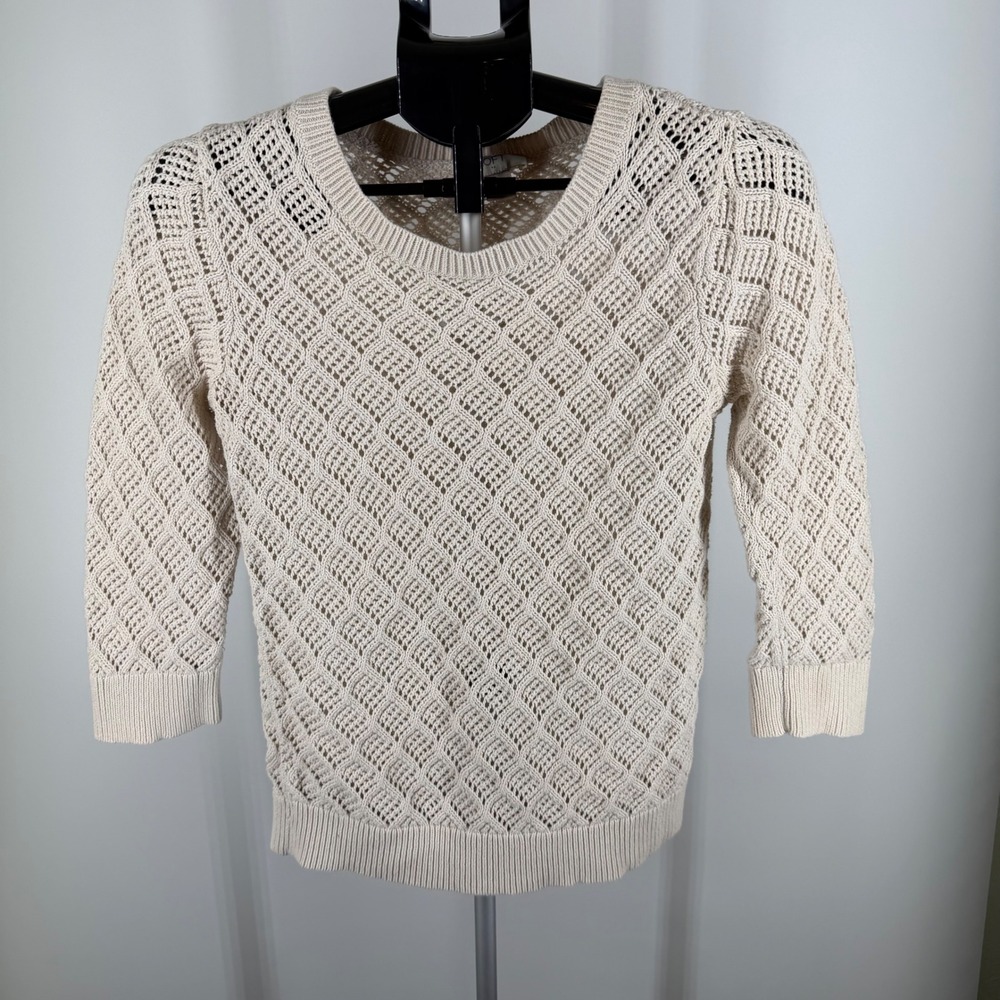 Loft Womens Beige Pointelle Knit Diamond Pattern 3/4 Sleeve Sweater Size M